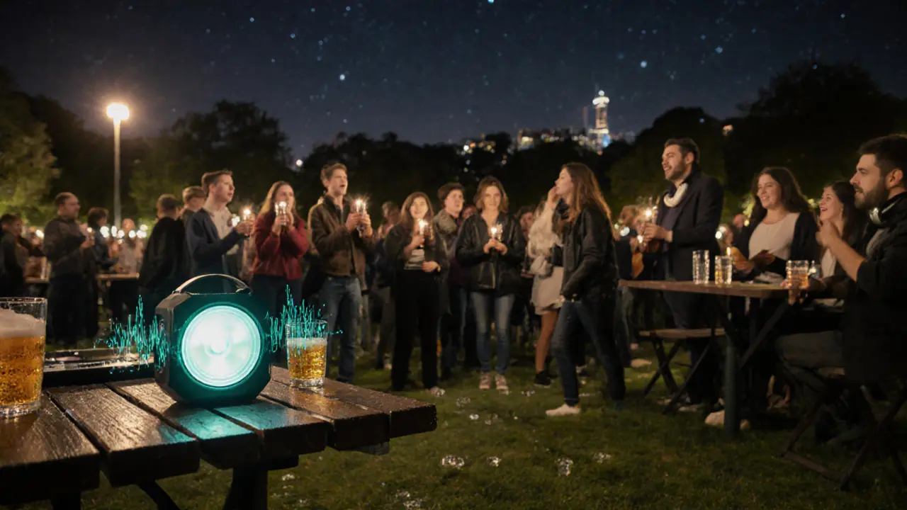 A crowd singing under starlight at a beer garden after a power outage, DJ playing vinyl by candlelight.