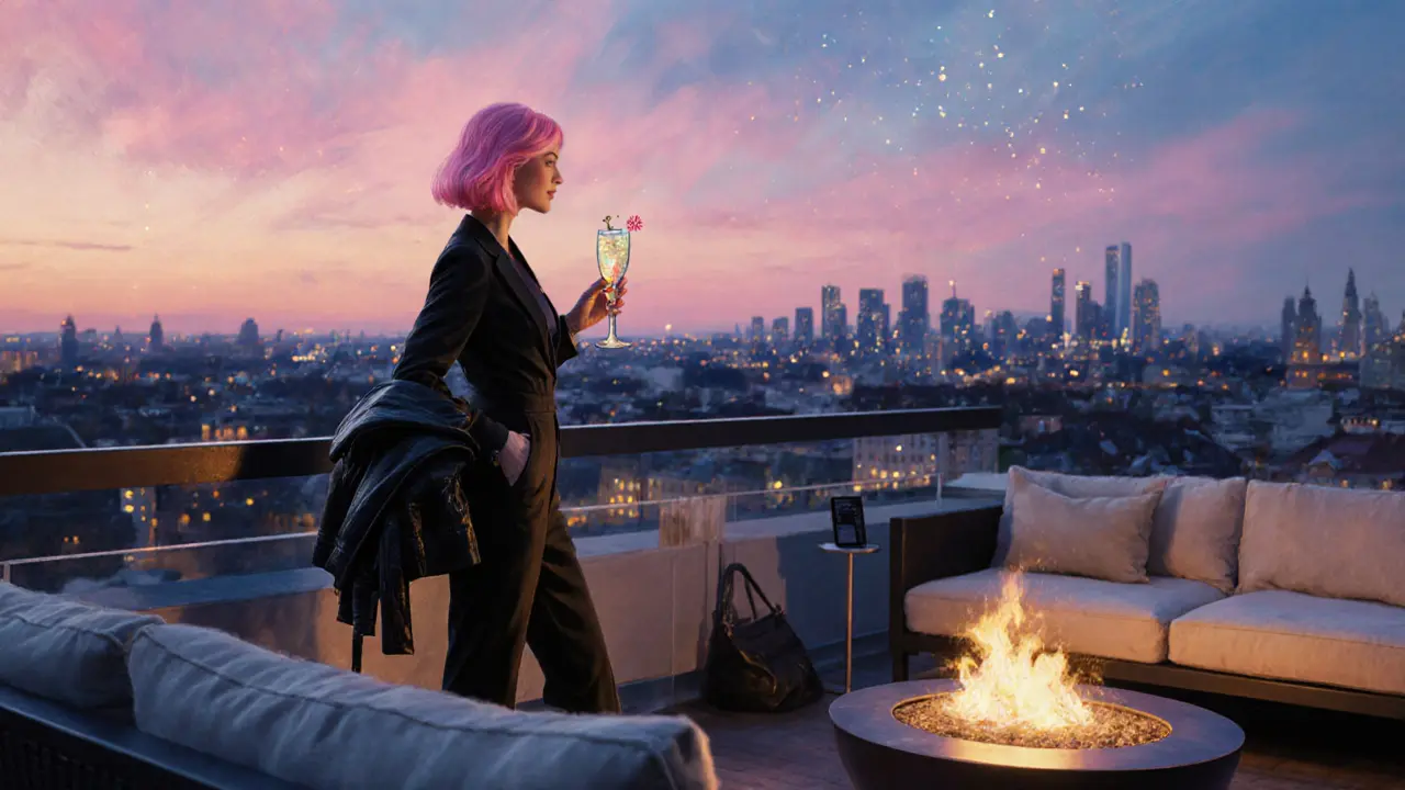 Anny stands on a rooftop lounge, cocktail in hand, city lights below, exuding confidence.