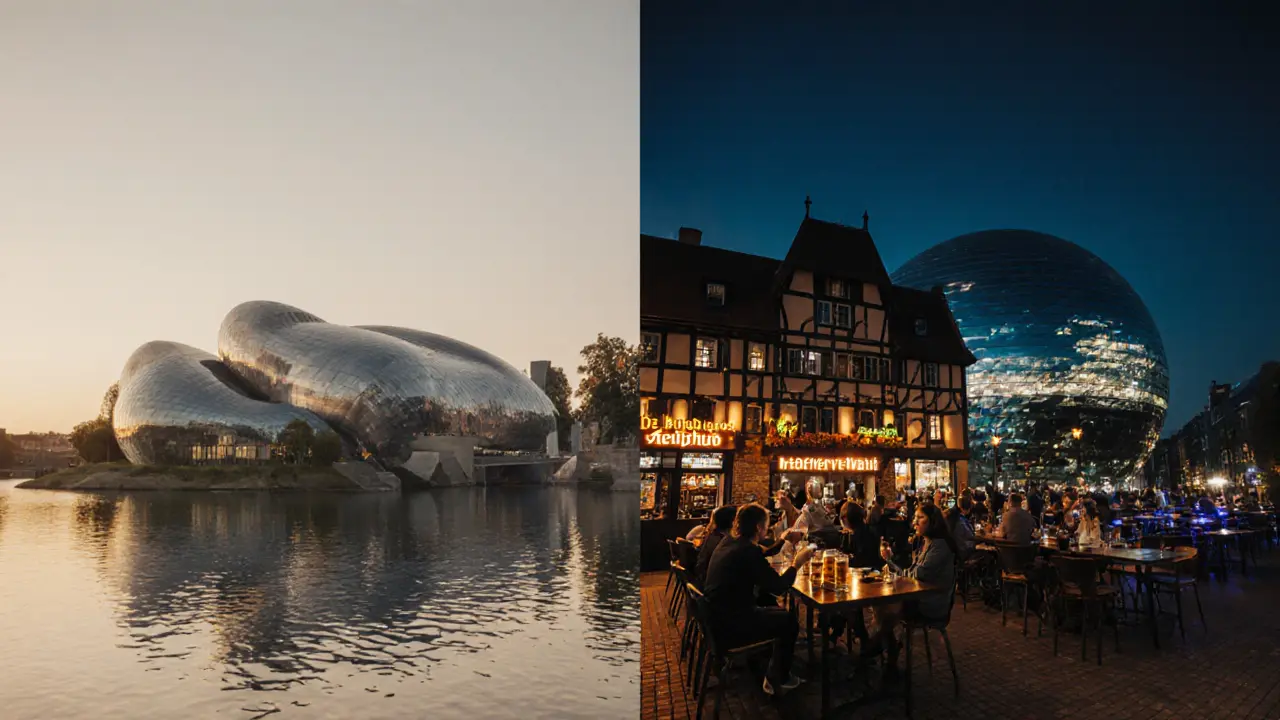 Cinematic collage showing daytime museums and nighttime venues across a two‑day Munich itinerary.