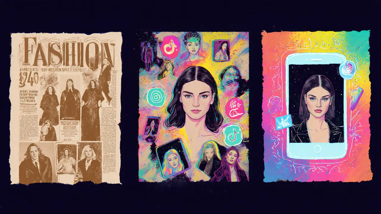 Collage showing runway fashion evolution from 1970s to 2020s digital streaming.