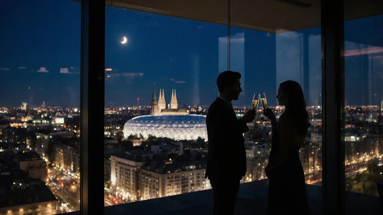 Couple enjoying drinks at a rooftop bar with Munich skyline at night.