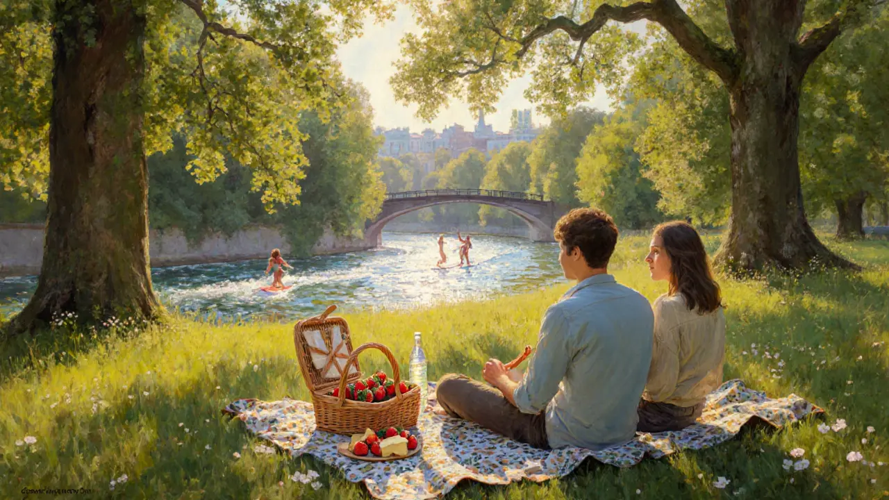 Couple picnicking in the English Garden with surfers on the Eisbach river.