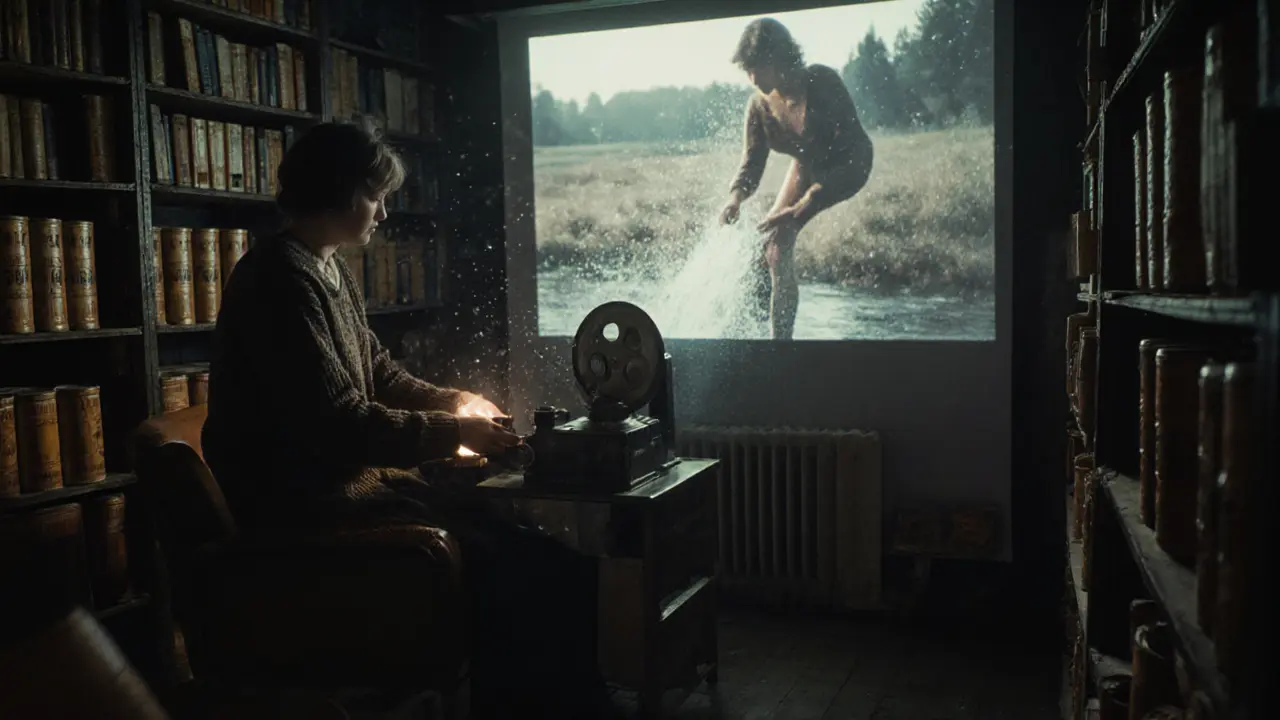 Curator loading a vintage film reel in an archive room, one viewer watching a woman washing herself in soft morning light.
