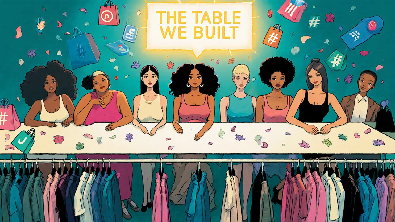 Curvy models seated at a grand table made of fashion racks, overshadowing shrinking traditional models.