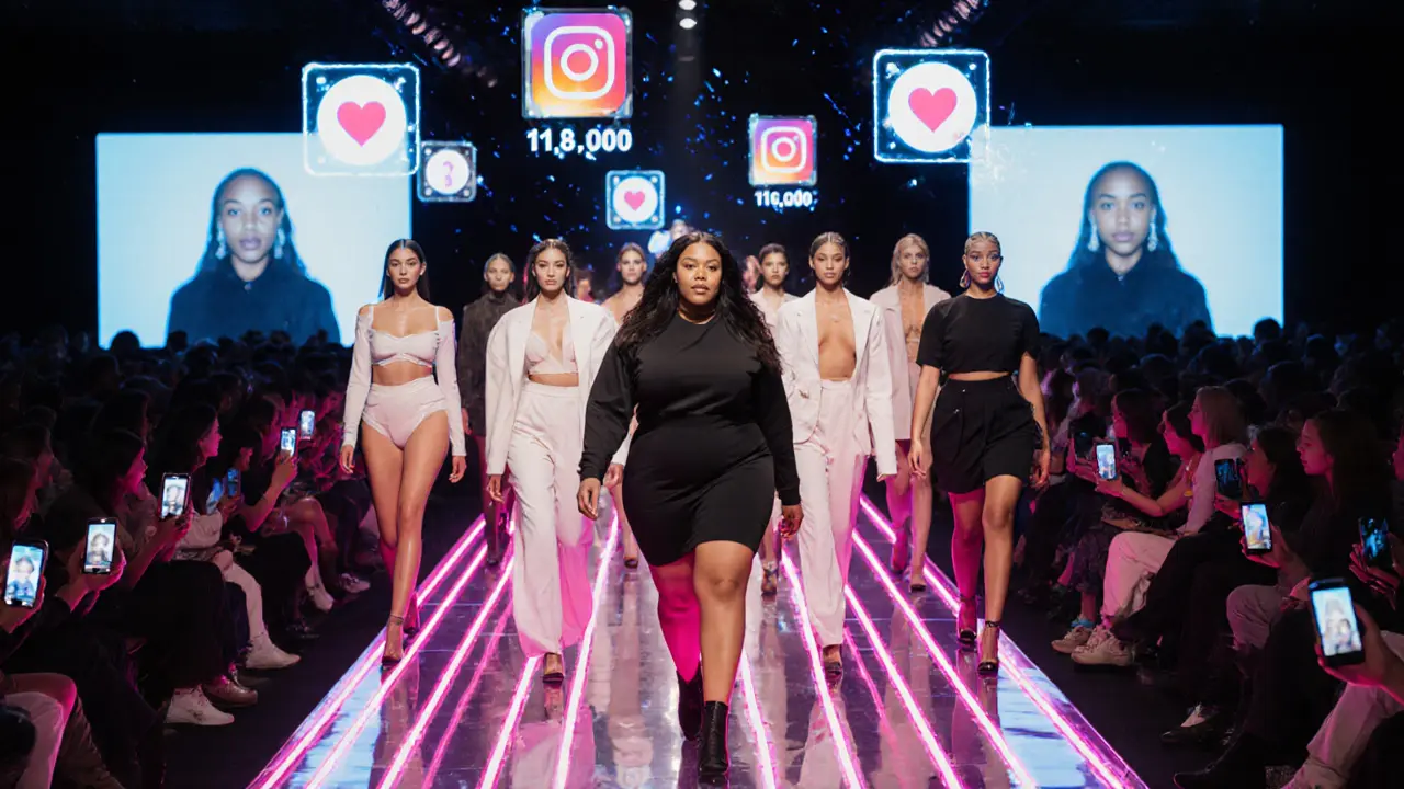 Diverse models walking a neon runway with live Instagram likes and audience screens.