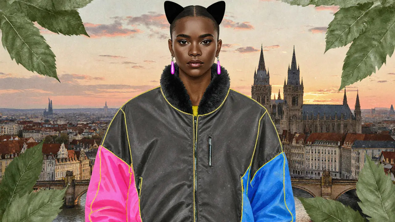 Eco‑friendly Kitty Core outfit with LED cat ears against a Munich skyline backdrop.
