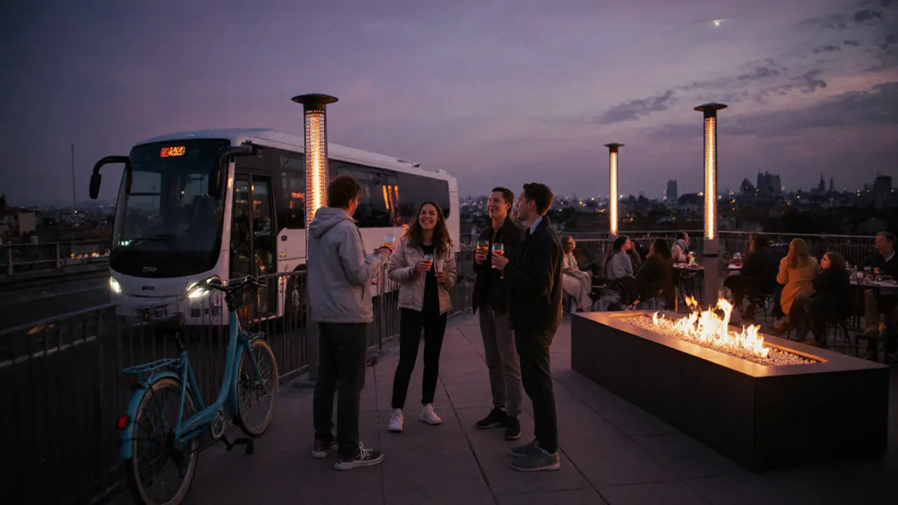 Friends in light jackets gather near a bike rack and shuttle after a rooftop party as dawn approaches.