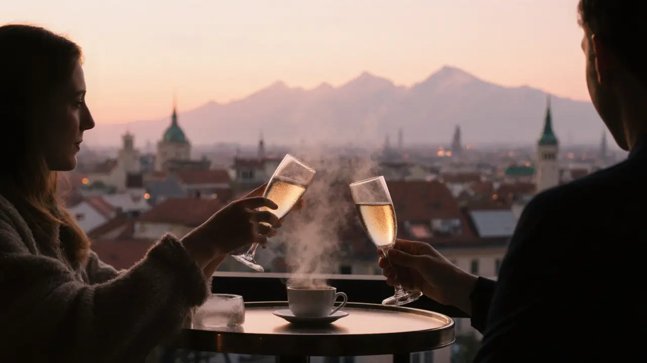Friends toasting champagne on a rooftop bar at sunrise in Munich.