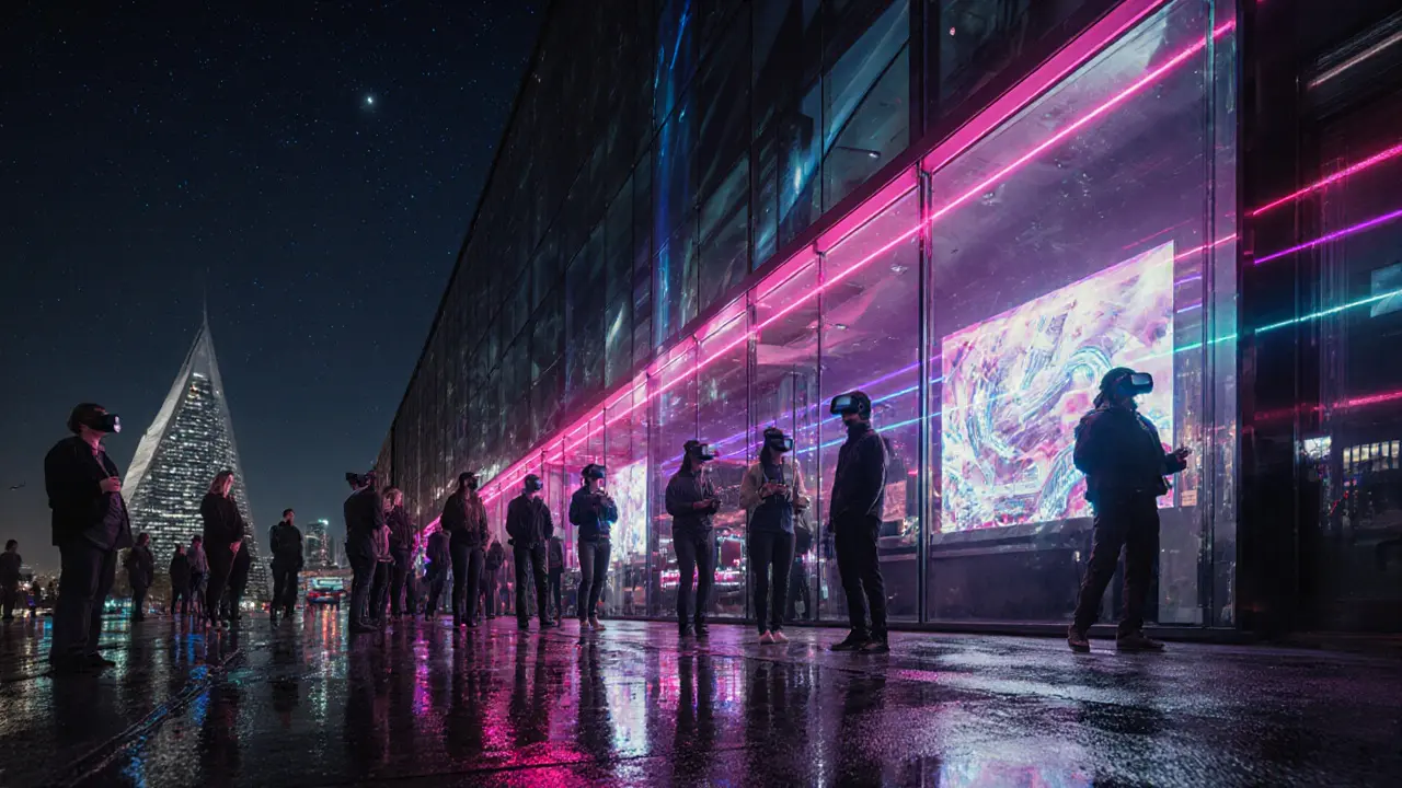 Futuristic VR bar with laser lights, patrons in headsets, and a nearby BMW Museum silhouette.
