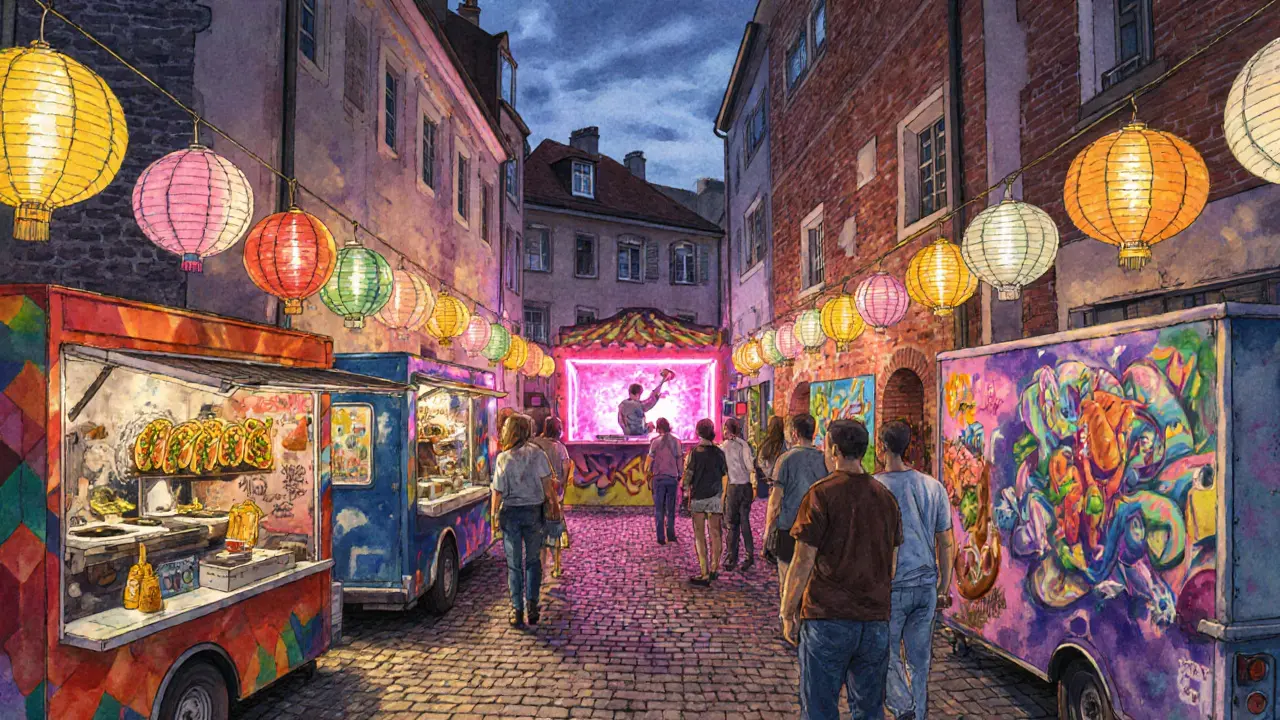 Giesinger Markt alley illuminated by lanterns, food trucks, DJ booth, and live mural painting.