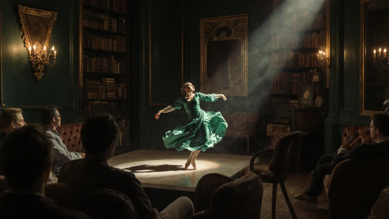 Graceful dancer on a small stage under spotlight, audience watching quietly in an intimate European lounge.
