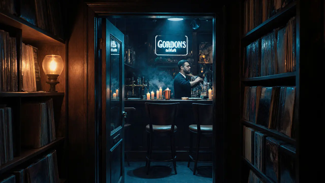 Hidden speakeasy behind a bookshelf with dim lighting and a bartender mixing a cocktail.