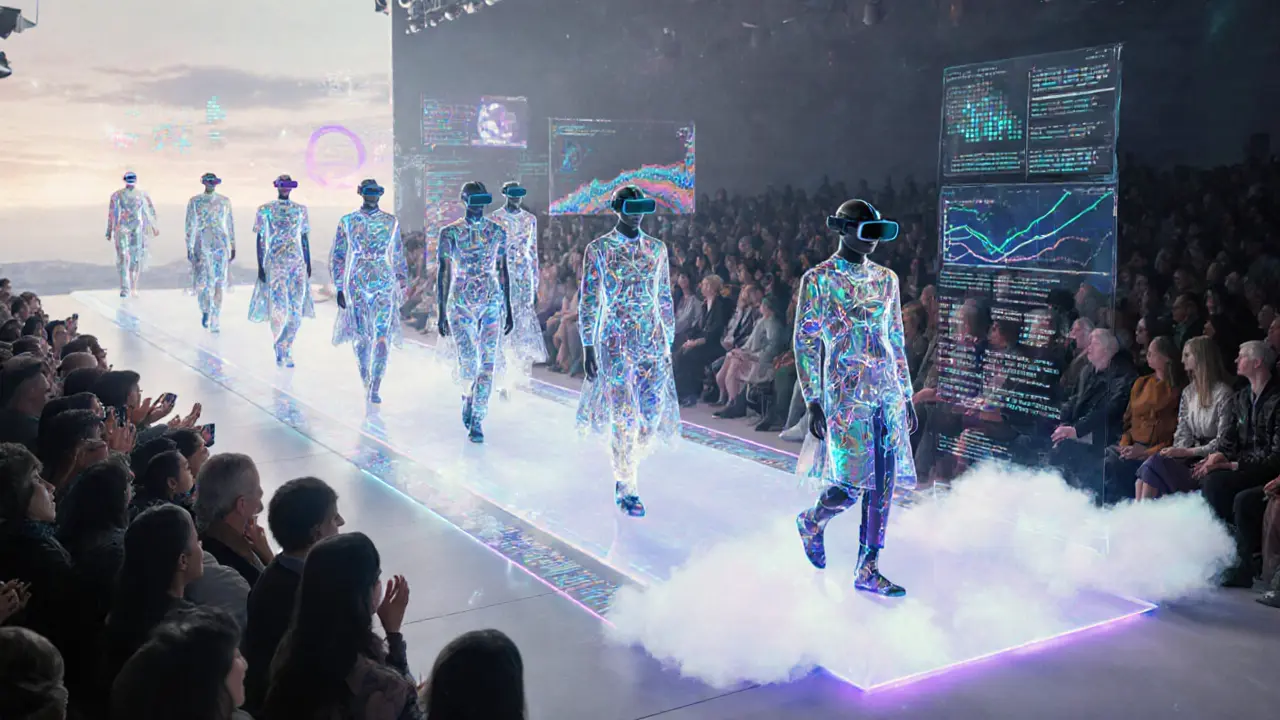 Hybrid runway showing models and holographic avatars with AR spectators.