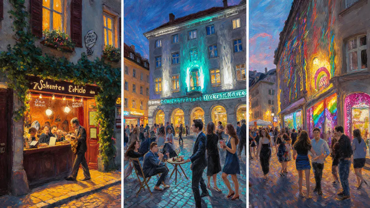 Impressionist painting of three Munich districts: bohemian Schwabing, upscale Gärtnerplatz, eclectic Glockenbachviertel.