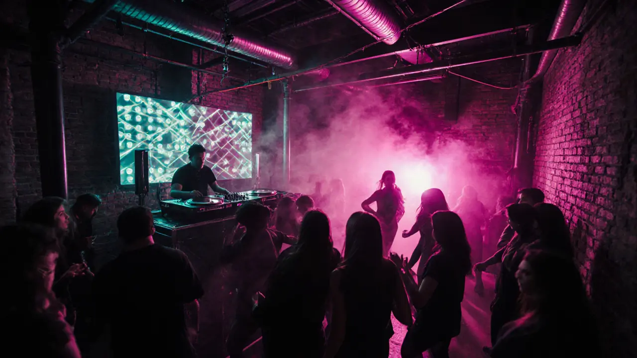 Industrial warehouse party with neon lights, DJ booth, and a crowd dancing under laser beams.