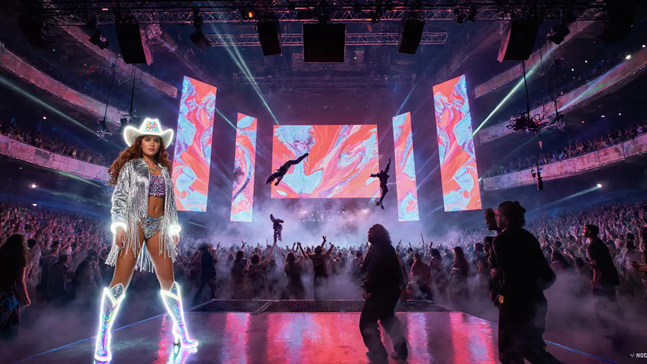 Inside Club Blitz, Patti performs on stage amid massive LED walls, lasers, and a crowd of illuminated partygoers.