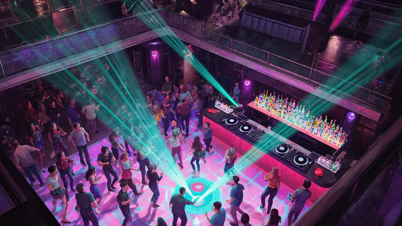 Interior dance floor with laser lights, DJ booth, bar, and mezzanine lounge.