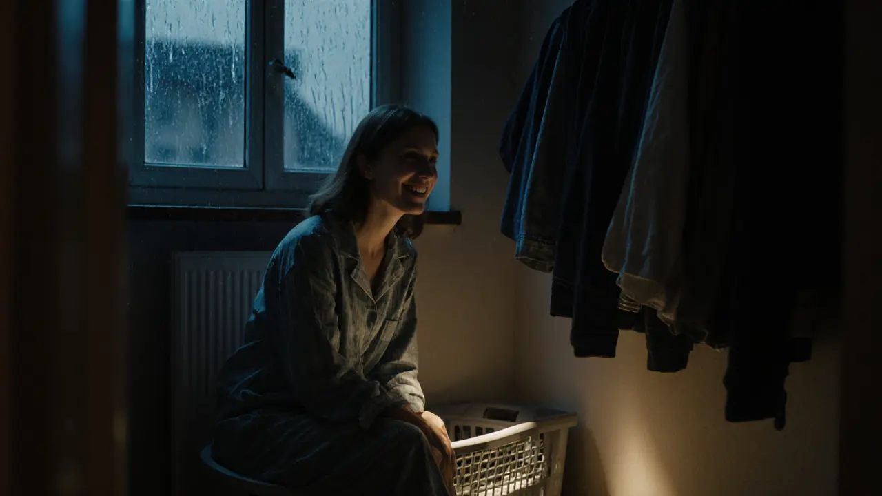 Leonie Saint in pajamas in a laundry room, holding a flashlight, speaking to the camera.