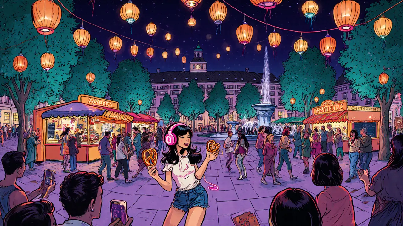 Lilli dances at Gärtnerplatz night festival surrounded by lanterns and crowds.