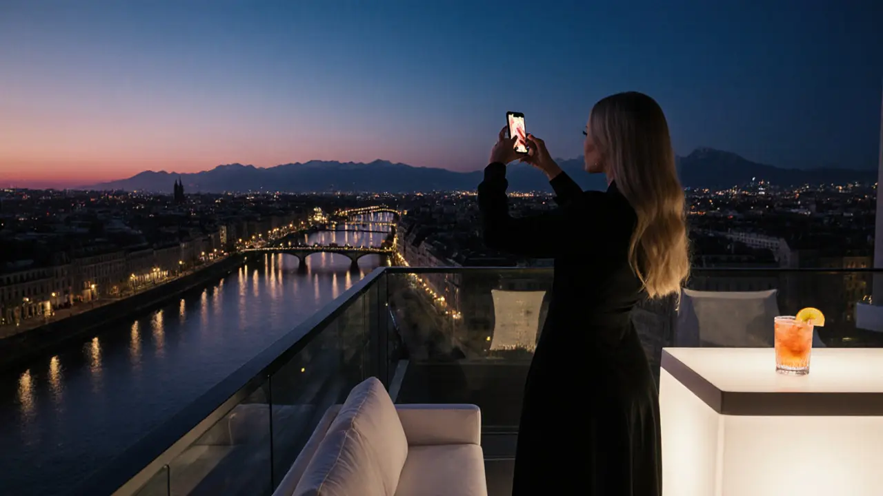 Lilli on a rooftop lounge at sunset, overlooking Munich’s skyline and the Alps.