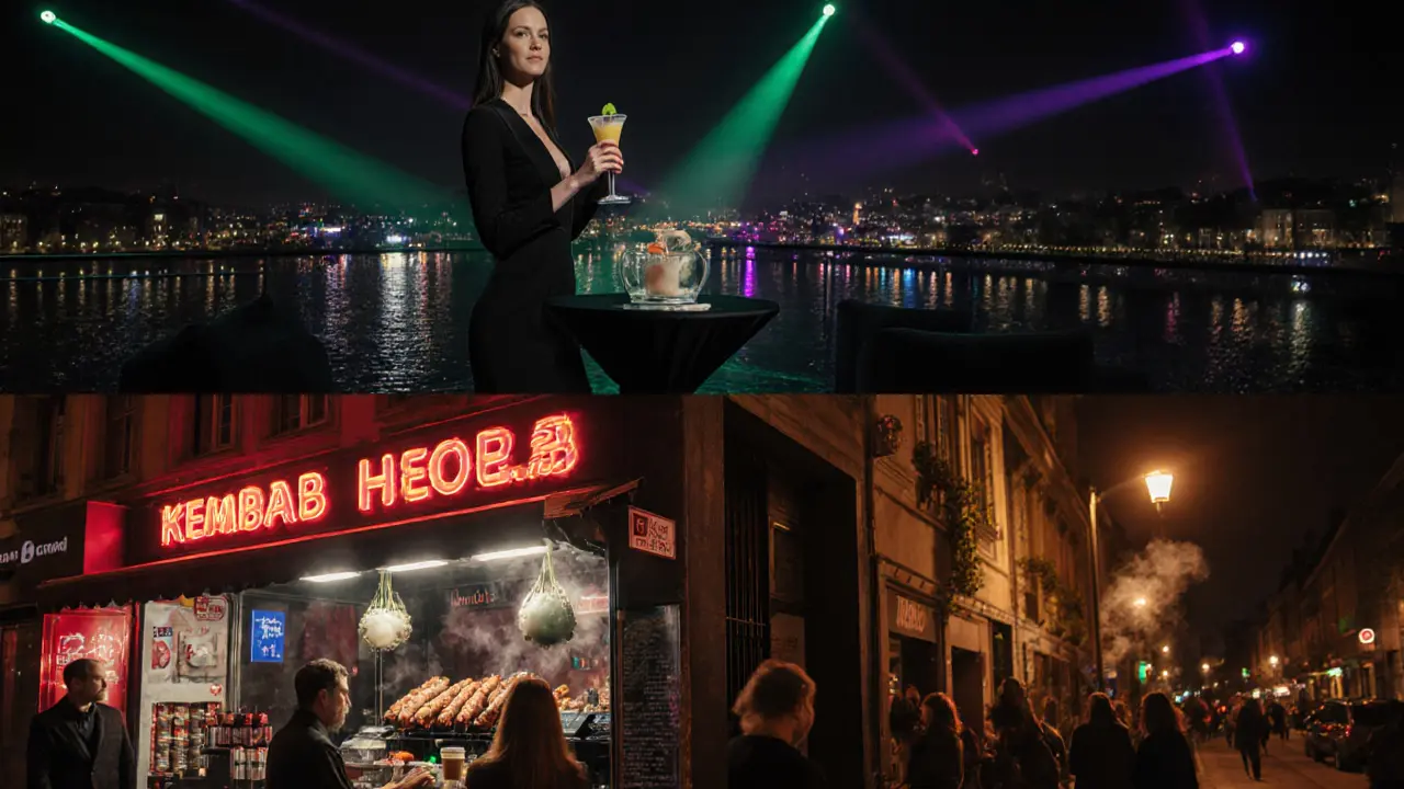 Low‑light club VIP balcony with lasers, a glamorous woman, and a nearby kebab stand and coffee bar.