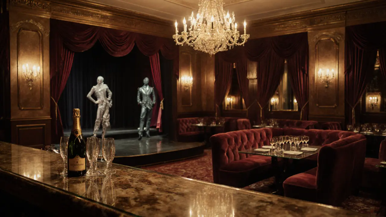 Luxurious gentlemen&#039;s club interior with velvet curtains, chandeliers, stage performers, and bottle service.