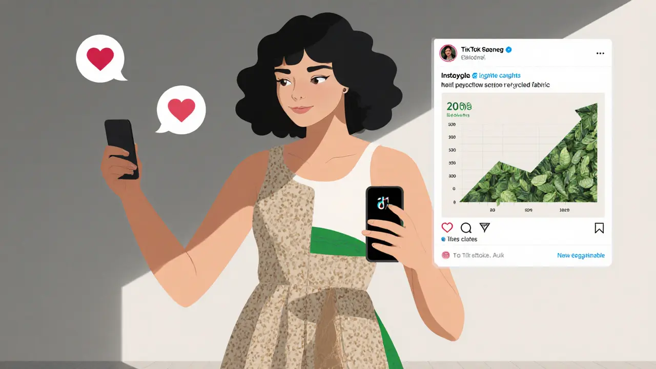 Model filming a TikTok video about a recycled‑fabric outfit, surrounded by engagement icons.