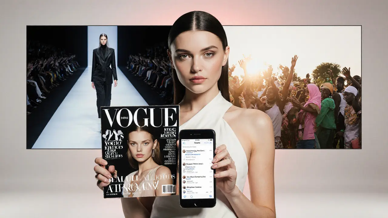 Modern supermodel holding a vintage magazine and smartphone, blending 90s and digital fashion eras.