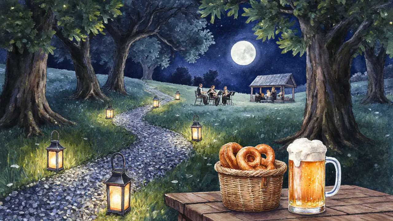 Moonlit Hirschgarten path lined with lanterns, pretzel basket, and a small acoustic group.