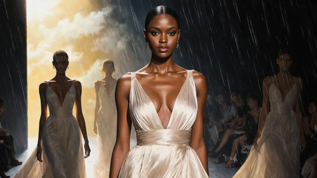 Naomi Campbell walking a runway in 2025, translucent figures of past supermodels fading behind her.