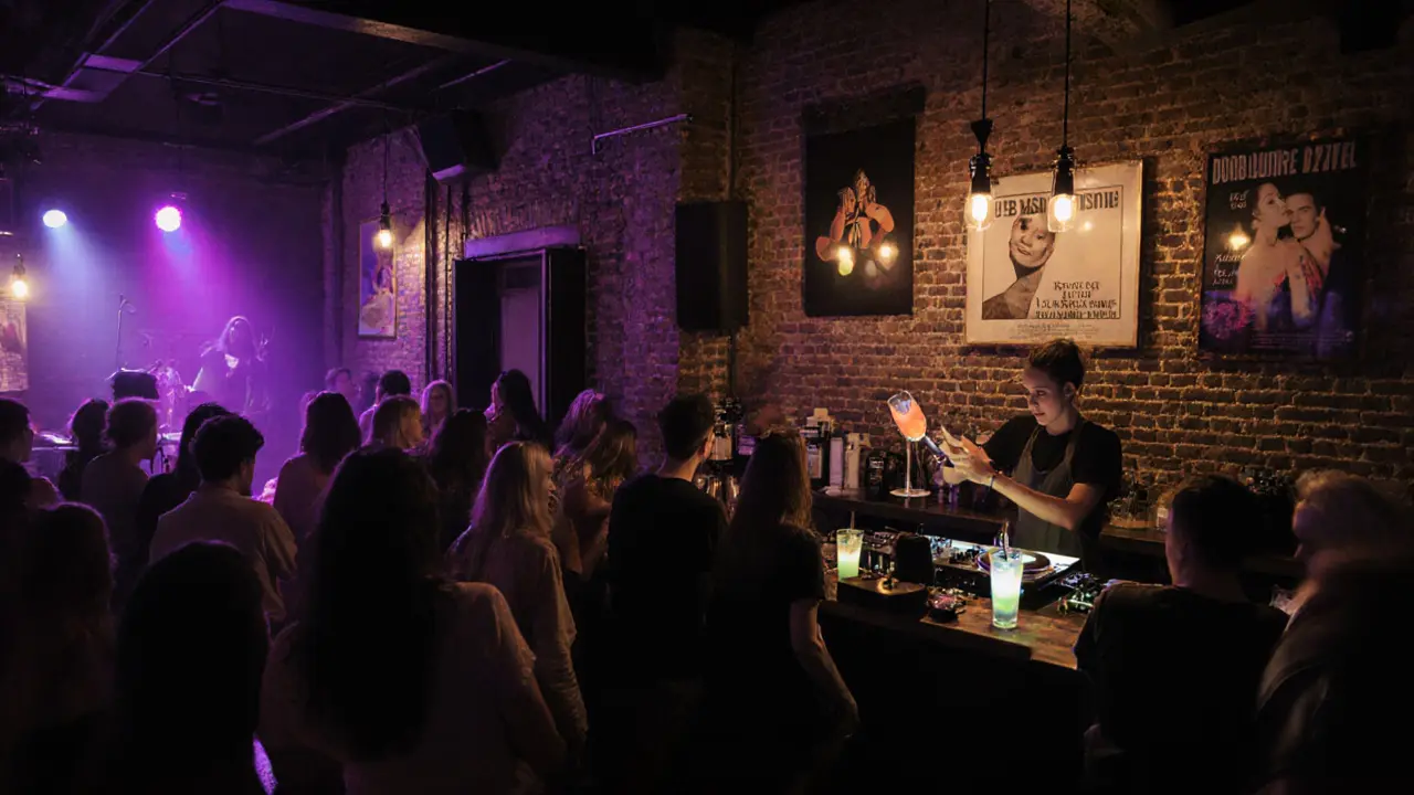 Nighttime erotic lounge in Munich with vintage posters and lively crowd.