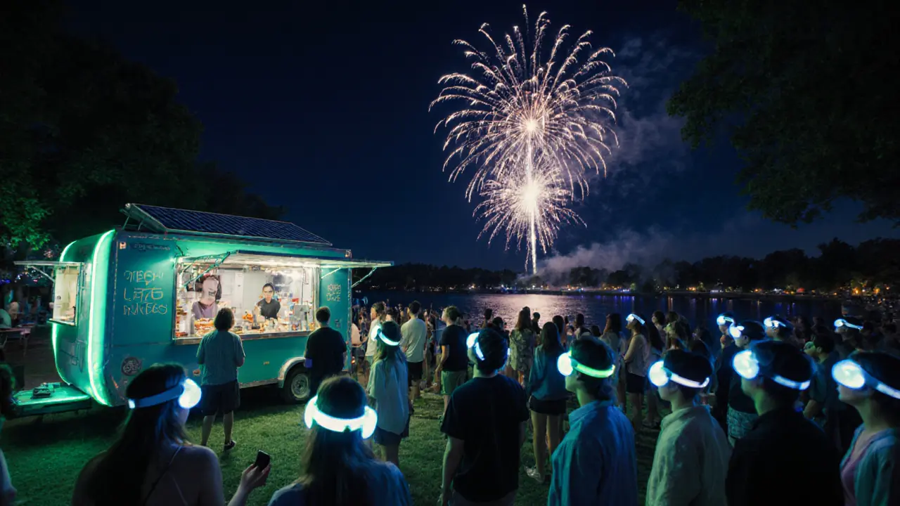 Olympia Park Night Bazaar with solar food trucks, silent‑disco crowd, and fireworks overhead.