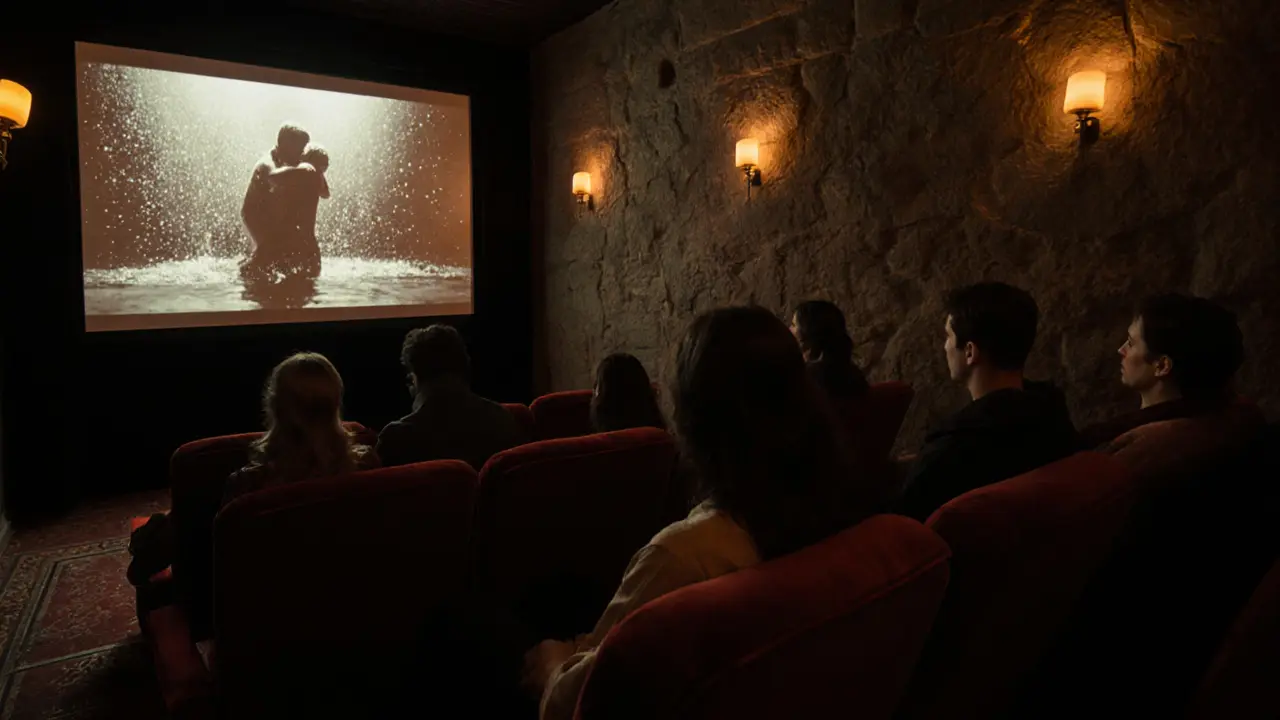 People in a vintage cinema watching a sauna scene from a 1970s erotic film, shadows and water droplets, silent and contemplative.