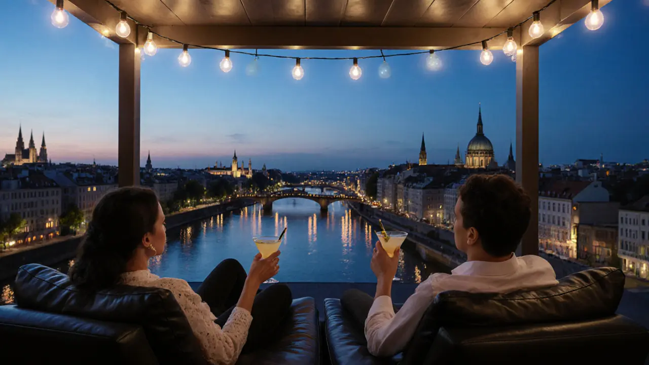 Rooftop cabana at dusk with city skyline view, two guests relaxing privately with drinks.