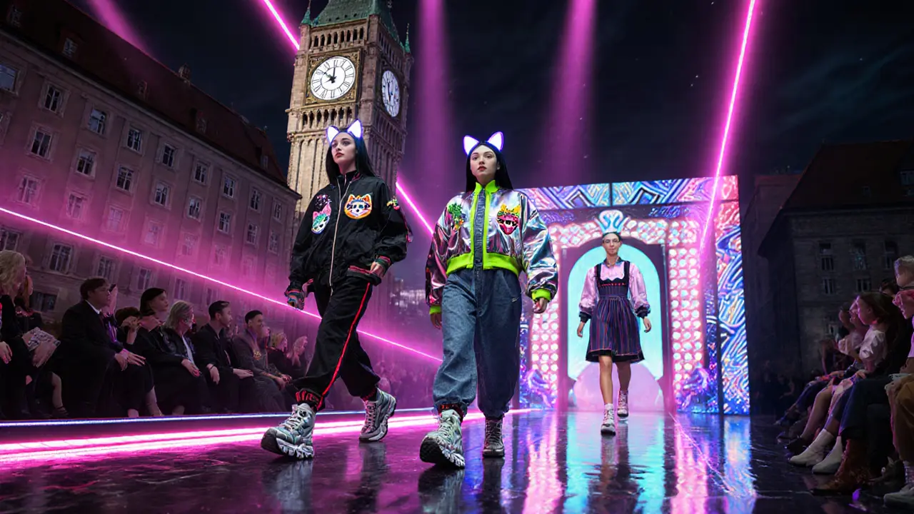 Runway in Munich featuring models in neon bomber jackets, cat embroidery, and chunky sneakers.
