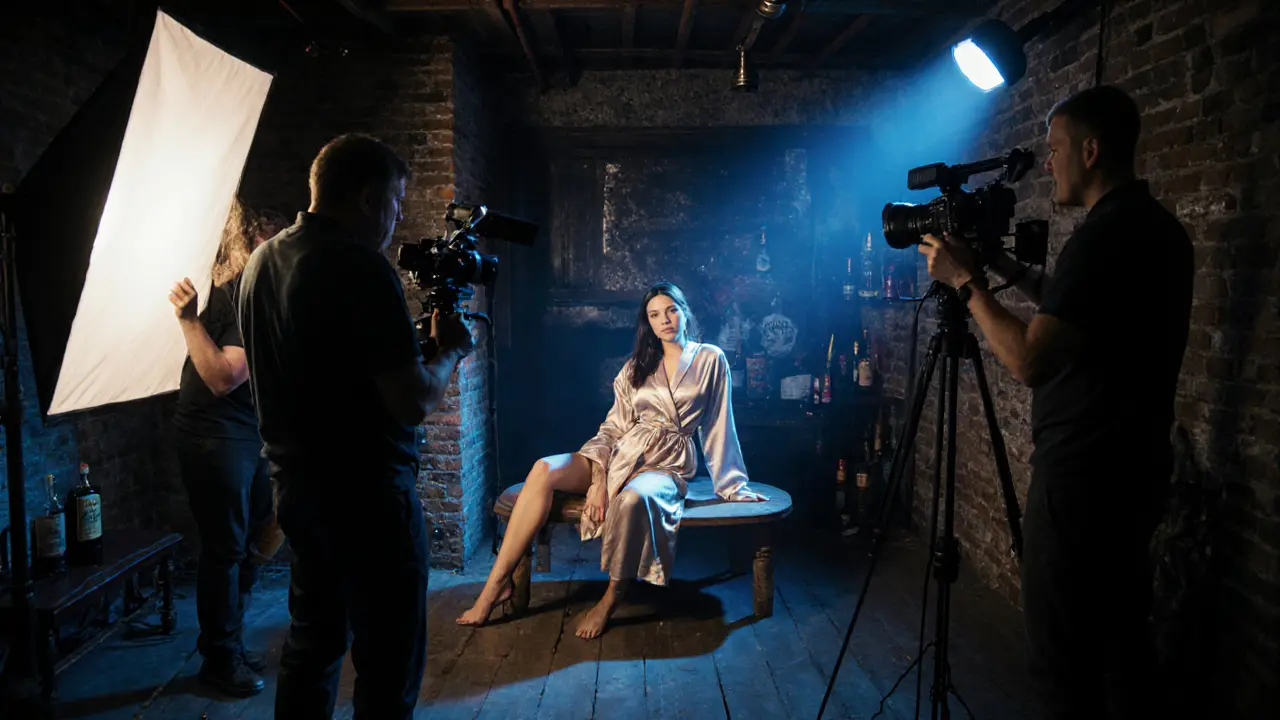 Small film crew shooting a scene in a club basement with vintage lighting.