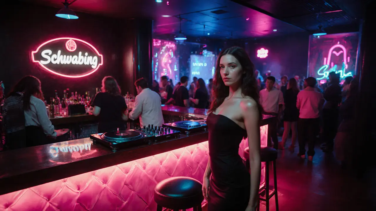 Stylish club interior with neon lights and a confident woman standing at the bar.