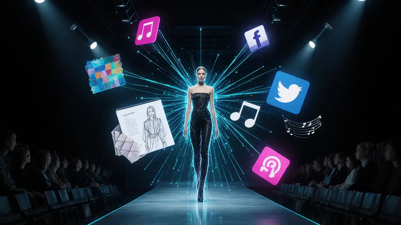 Supermodel connected by glowing lines to design sketches, fabrics, music notes, and social media icons.