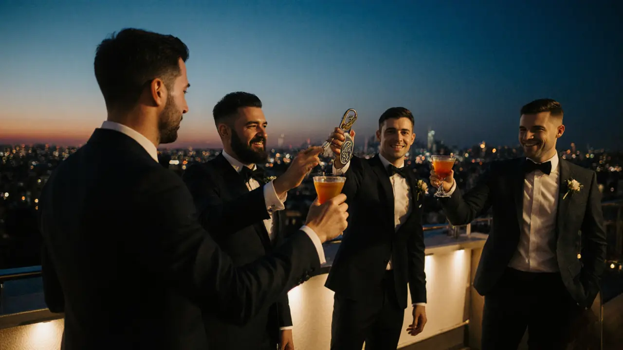 The groom and close friends toasting at a rooftop bar with city lights behind them.