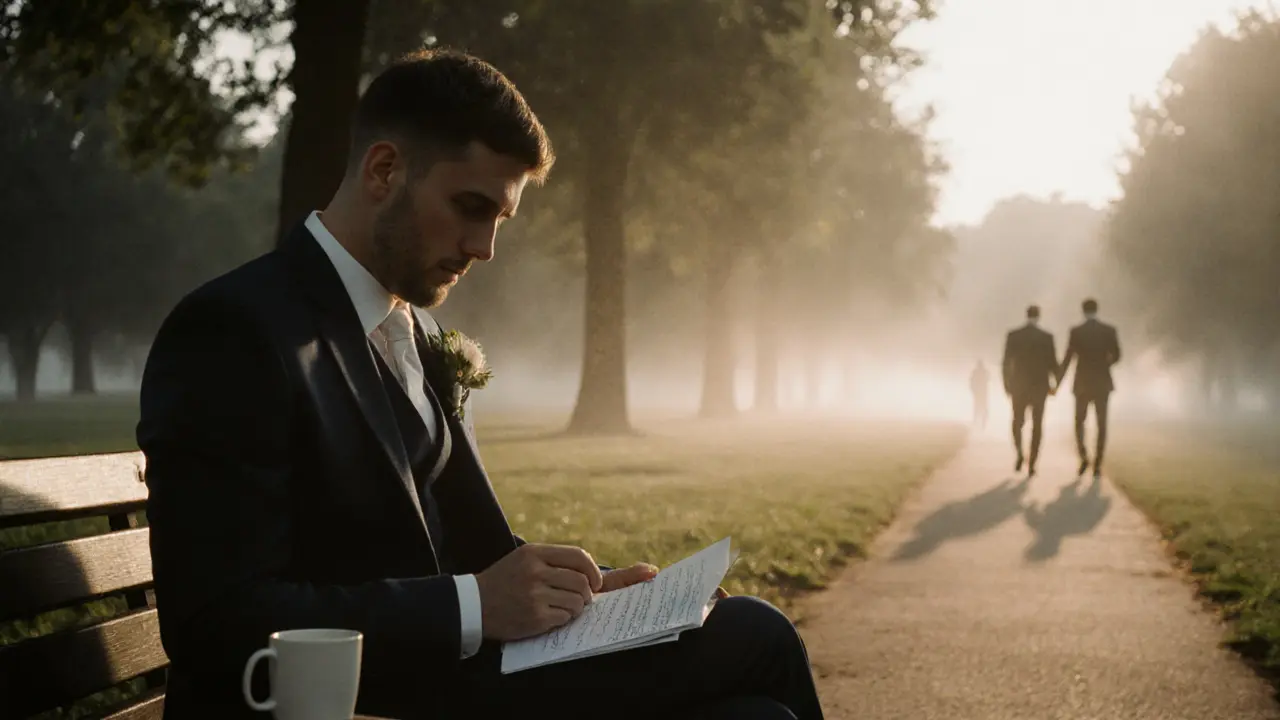 The groom sitting alone on a park bench at dawn, holding a handwritten note.