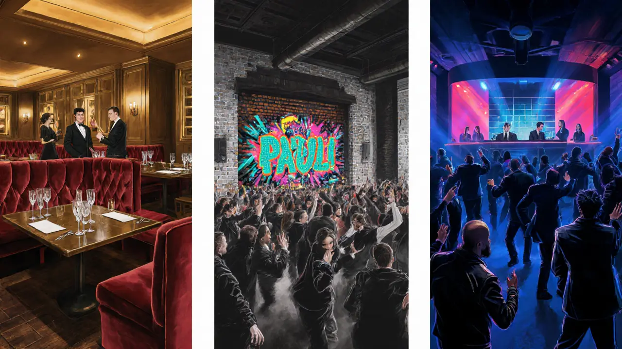 Three Munich nightlife venues: a luxe VIP lounge, an industrial dive bar, and an underground techno club.