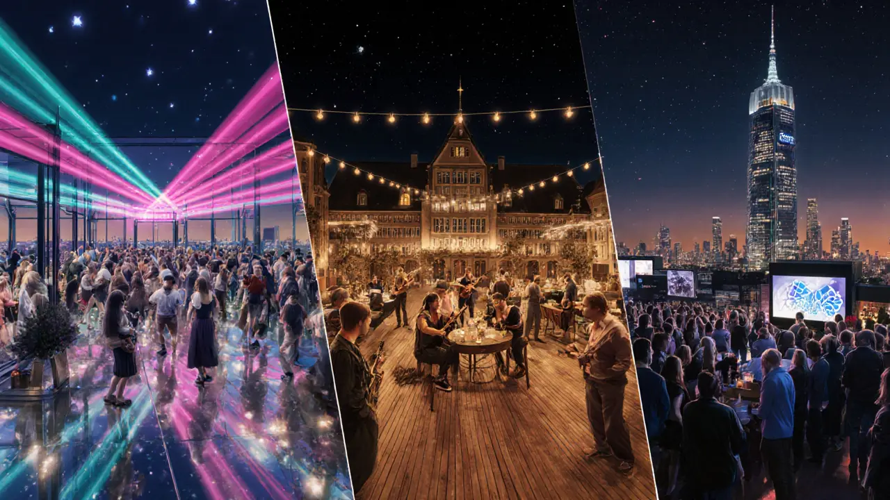 Three Munich rooftop venues showing techno, indie folk, and mixed EDM crowds under distinct lighting.