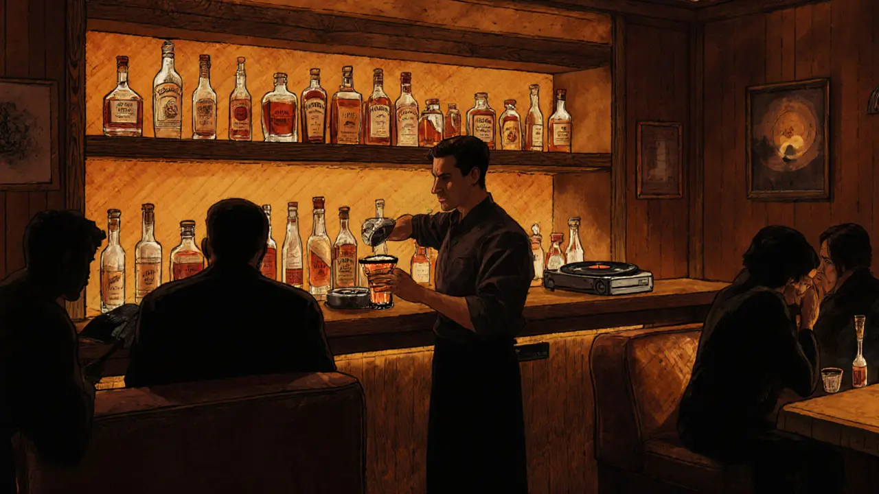 Warm interior of a secret bar with bottles, leather booths, and a bartender pouring a smoky cocktail.