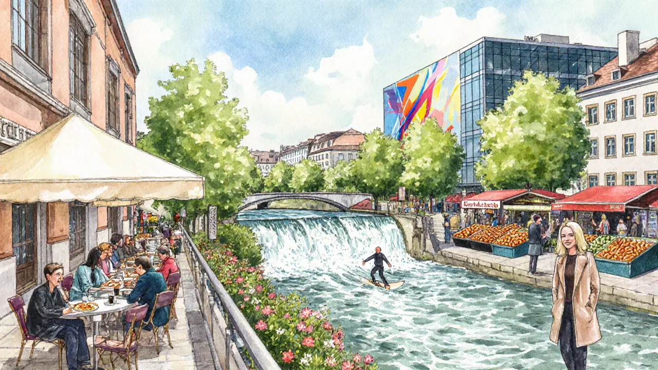 Watercolor of daytime Munich showing museum café, Eisbach surf, market stalls, and street art.