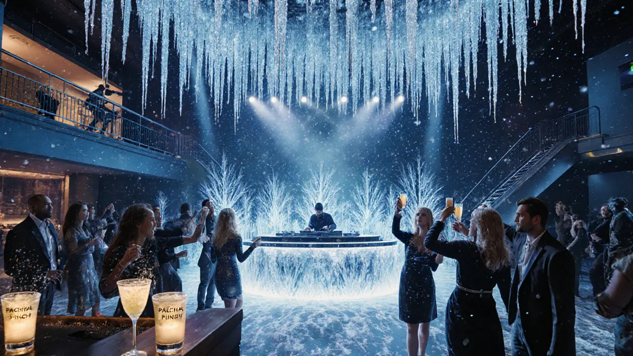Winter Wonderland themed party with frosty lighting, DJ, and dancing crowd.