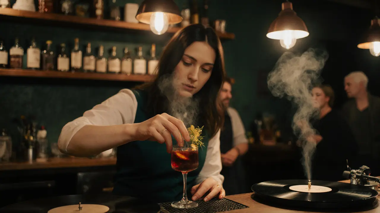 A bartender pours a craft cocktail in a cozy, vinyl-playing bar with shelves of homemade spirits and soft lighting.