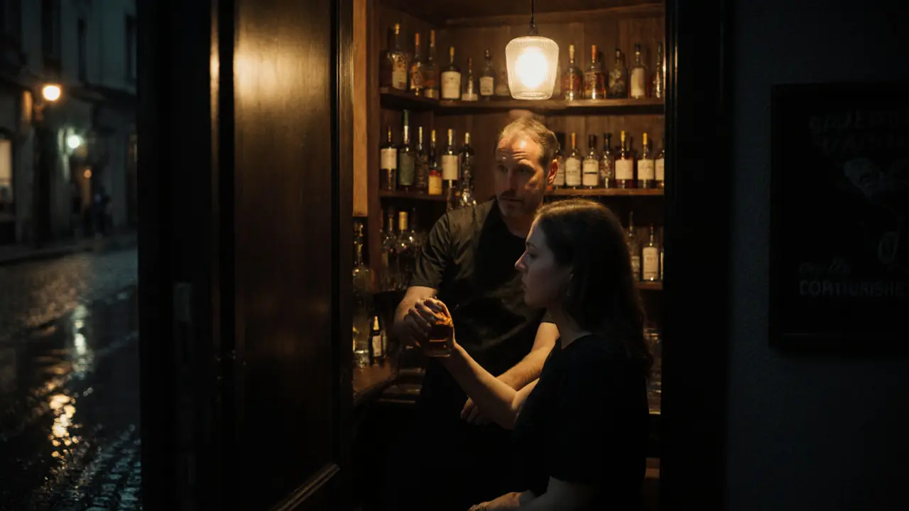 A bartender serving whiskey in a hidden speakeasy behind a fridge door, warm lighting, quiet atmosphere.