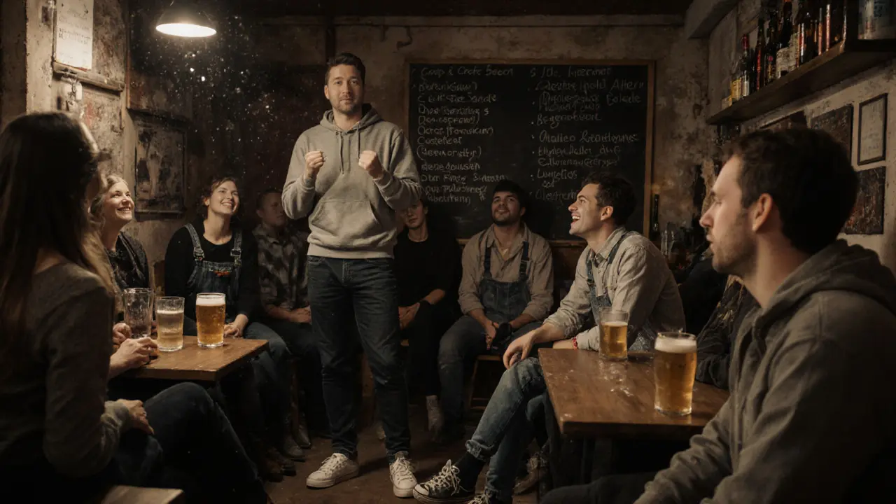 A casual late-night comedy show in Haidhausen with audience laughing over craft beer, comedian in hoodie on a simple stage.