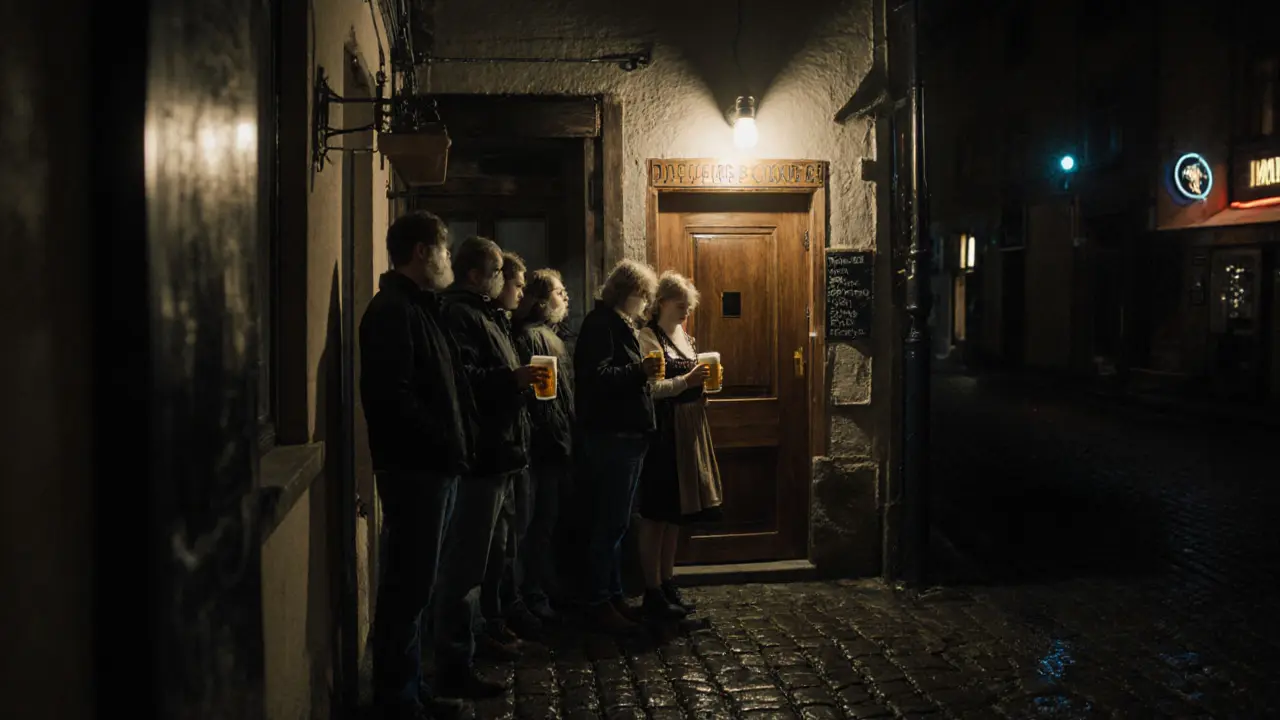 A dim alley in Schwabing leading to a hidden comedy venue, people waiting outside with beers under a flickering bulb at night.