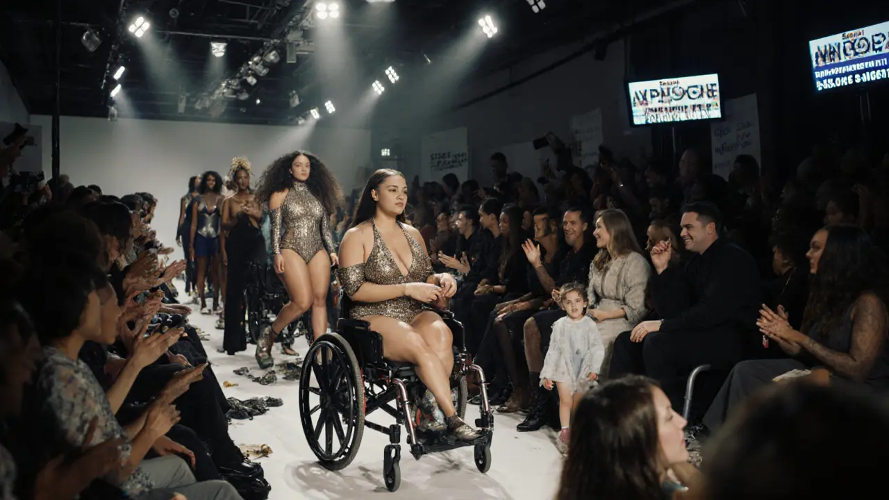 A diverse group of models walk confidently backstage at a bold fashion show, surrounded by cheering crew and live social media displays.